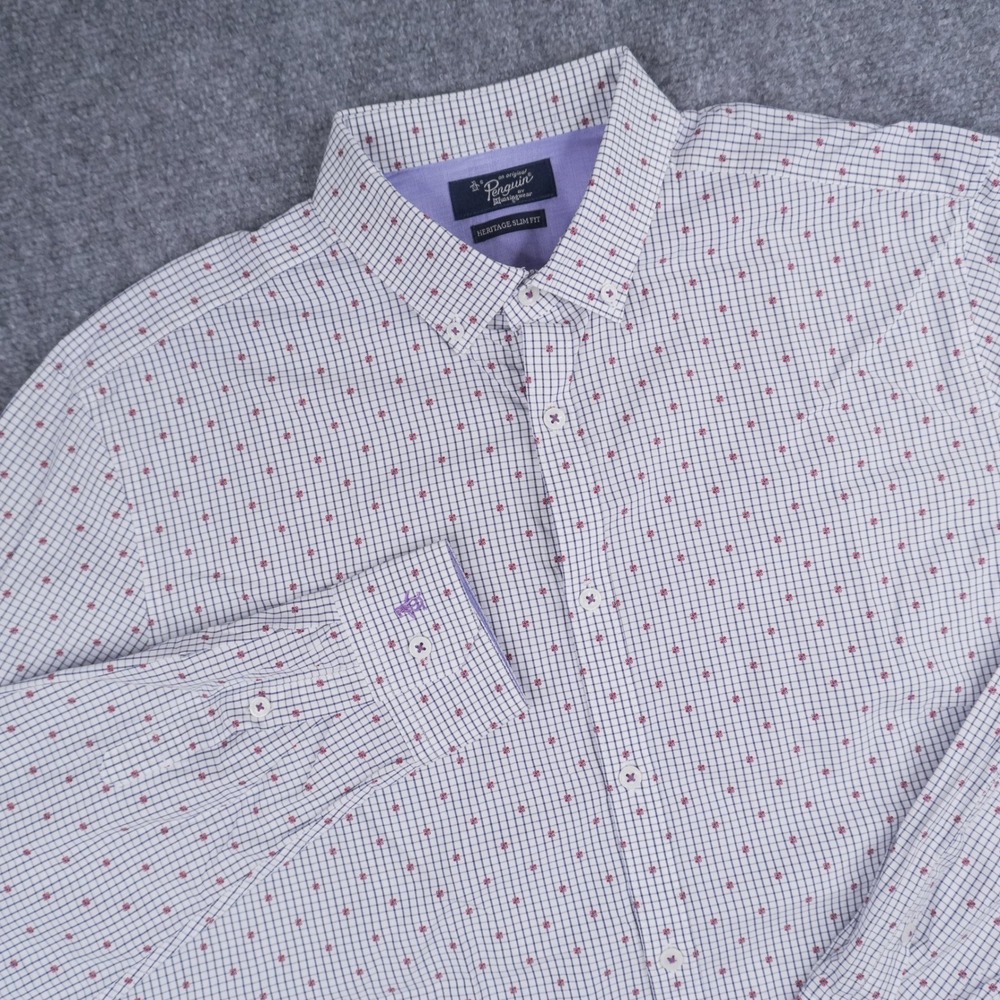 Original Penguin Button Down Mens 16.5 34/35 White Heritage Slim Fit Check Shirt